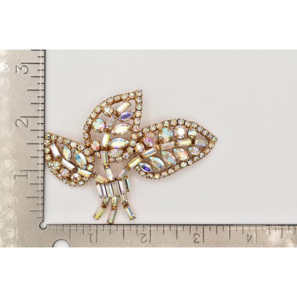 Vintage Crystal Leaf Pin Brooch Aurora Borealis Rhinestone Baguette Gold BinAL - Picture 12 of 12